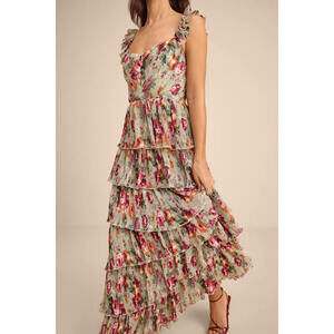 Lulus Alba Sage Floral Ruffled Tiered Maxi Dress Green - Size M